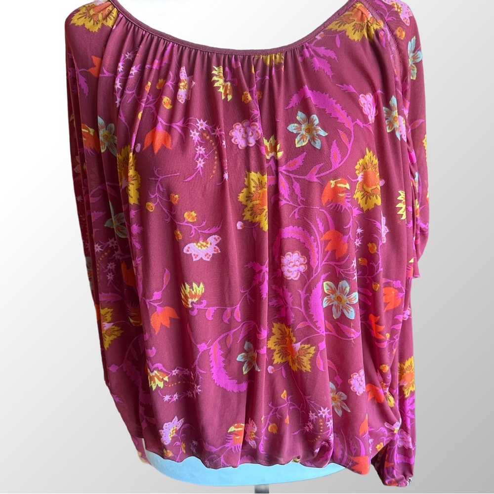 Free People Peasant Top in Medium, Lined Stretch Mesh Material Maroon Floral